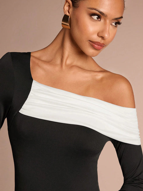 SHEIN Glamine Women Open Shoulder Black And White Splice Design Fitted Long Sleeve T-Shirt