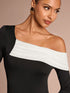 SHEIN Glamine Women Open Shoulder Black And White Splice Design Fitted Long Sleeve T-Shirt