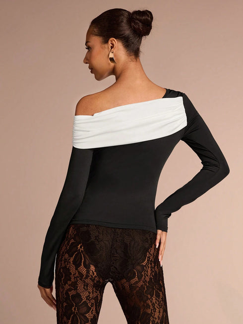 SHEIN Glamine Women Open Shoulder Black And White Splice Design Fitted Long Sleeve T-Shirt