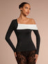 SHEIN Glamine Women Open Shoulder Black And White Splice Design Fitted Long Sleeve T-Shirt