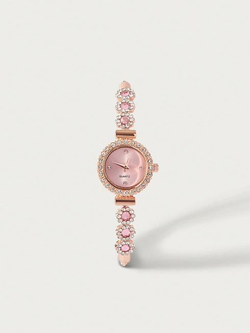 SHEIN Glisma 1pc Women's Pink Crystal Beaded Drawstring Bracelet With Crystal Inlaid Alloy Watch Case0