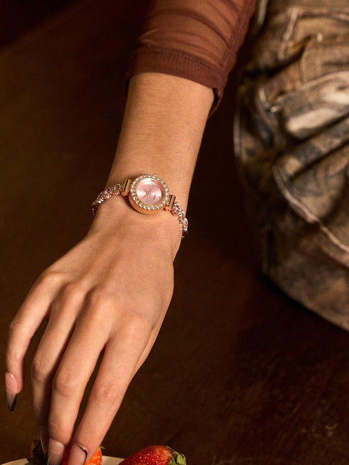 SHEIN Glisma 1pc Women's Pink Crystal Beaded Drawstring Bracelet With Crystal Inlaid Alloy Watch Case1