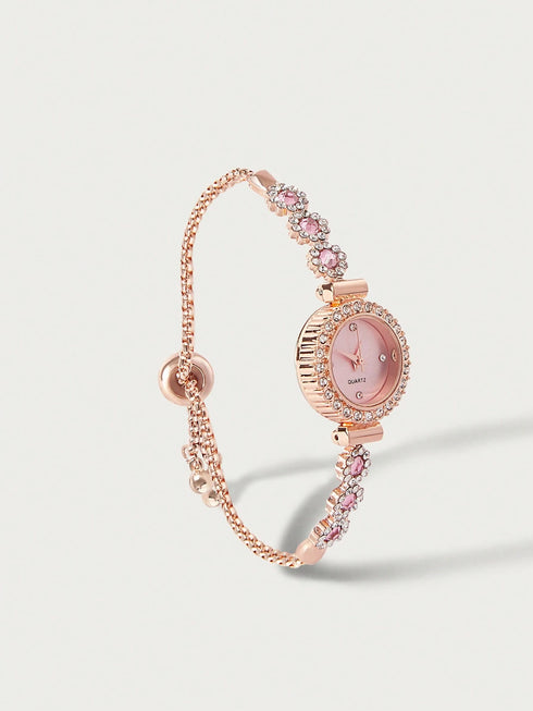 SHEIN Glisma 1pc Women's Pink Crystal Beaded Drawstring Bracelet With Crystal Inlaid Alloy Watch Case