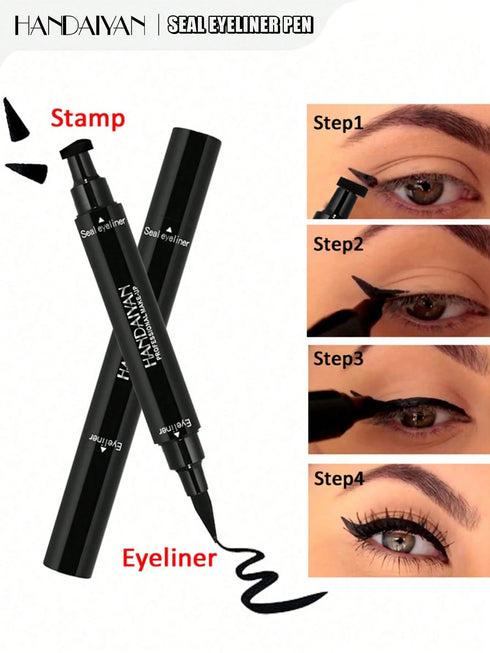Handaiyan Seal Eyeliner Pen shown with two black applicator pens crossed on a white background, plus four inset panels demonstrating eyeliner application steps and a black ink swatch. Text labels include 'Stamp', 'Eyeliner', and 'Handaiyan Seal Eyeliner Pen'.