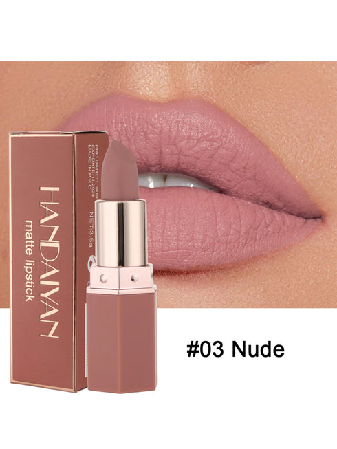 Nude lipstick with packaging and close-up of lips wearing the shade