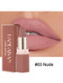Nude lipstick with packaging and close-up of lips wearing the shade