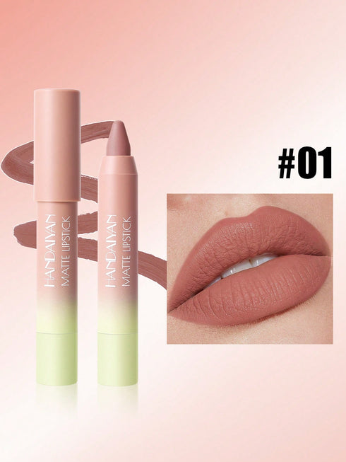 Hanaianas matte lipstick and lip crayon set in shade #01, featuring a dual-ended tube, a lip crayon, a lipstick smear, and a close-up of lips showing the matte dusty rose-pink finish.