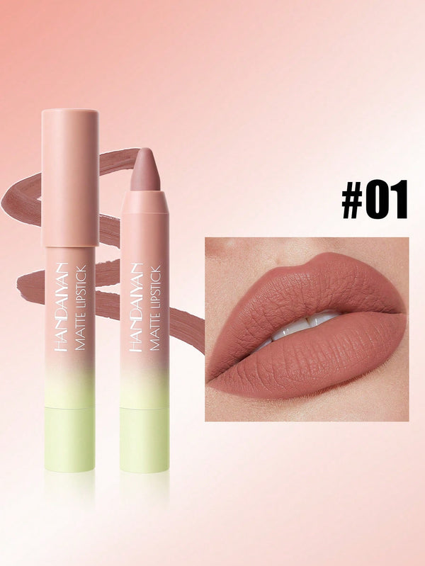Hanaianas matte lipstick and lip crayon set in shade #01, featuring a dual-ended tube, a lip crayon, a lipstick smear, and a close-up of lips showing the matte dusty rose-pink finish.