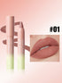 Hanaianas matte lipstick and lip crayon set in shade #01, featuring a dual-ended tube, a lip crayon, a lipstick smear, and a close-up of lips showing the matte dusty rose-pink finish.