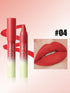Handawan Matte Lipstick in shade #04, shown with two tubes (one capped, one uncapped) on a pink gradient background, alongside a close-up of lips wearing the vibrant red lipstick.