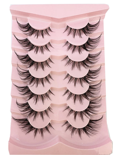 SHEIN HBZGTLAD 7pairs Pink Fluffy Cat Eye Style Faux Mink Eyelashes Natural Long Full Stripe False Eyelash Wing Tip Extension Soft Lashes0