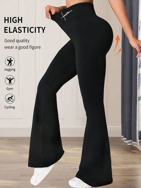 SHEIN High Waist Slim Fit Flare Yoga Pants, Solid Color Compression Leggings, Women's Tights Black Spring0