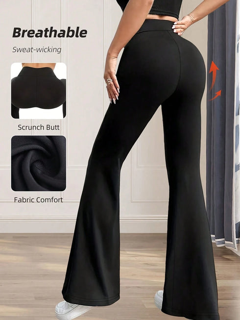 SHEIN High Waist Slim Fit Flare Yoga Pants, Solid Color Compression Leggings, Women's Tights Black Spring1