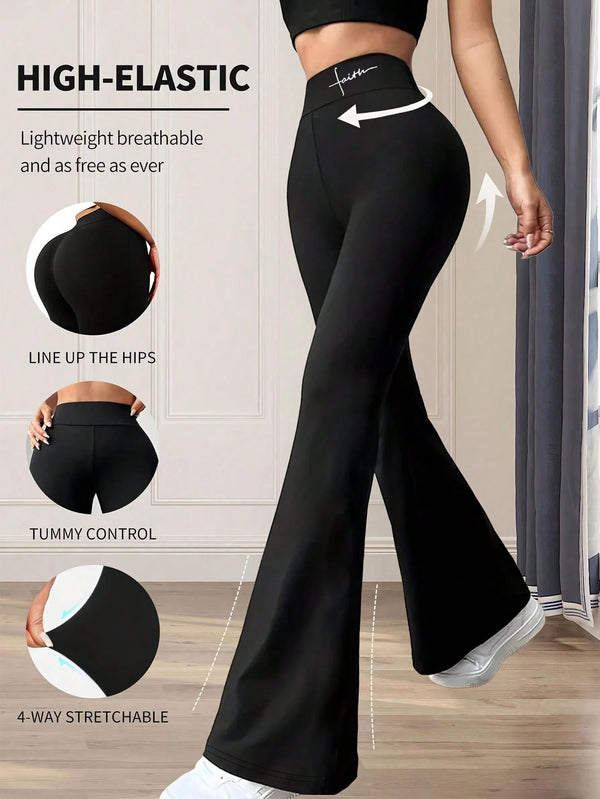 SHEIN High Waist Slim Fit Flare Yoga Pants, Solid Color Compression Leggings, Women's Tights Black Spring