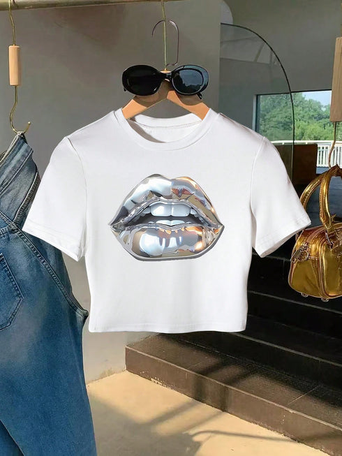 White t-shirt with a graphic of reflective lips on a hanger.