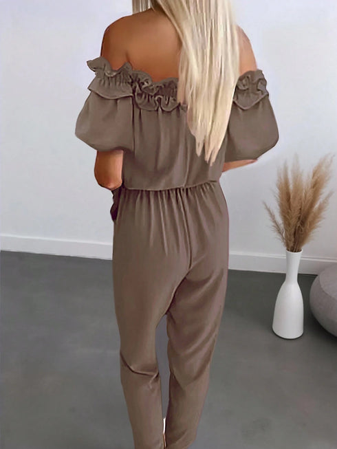 SHEIN INAWLY Women's Summer Simple Solid Color Ruffle Off Shoulder Jumpsuit0