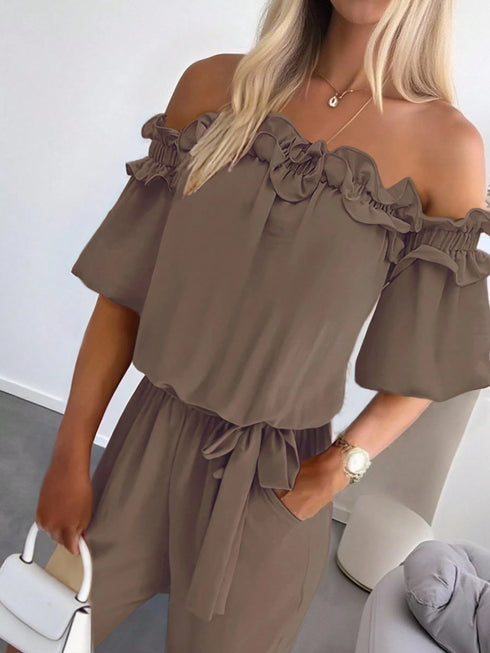 SHEIN INAWLY Women's Summer Simple Solid Color Ruffle Off Shoulder Jumpsuit