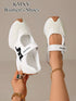 White women's Mary Jane platform shoes with a hook-and-loop strap and a black stylized logo, shown on a model's foot and held by a hand against a beige background. Text overlay reads 'KMXY Women's Shoes'.
