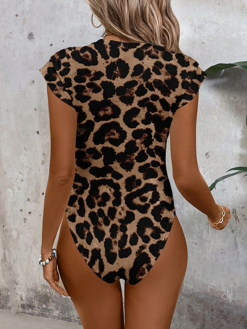 SHEIN LUNE Women's Casual Minimalist Leopard Print Bodysuit, Suitable For Spring & Summer Beach Wear1