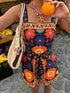 SHEIN LUNE Women's Navy Blue Floral Short Printed Jumpsuit,Summer Boho Holiday Vacation Outfits Mexico Cute Resort Wear Casual New Arrival Clothes,Holiday