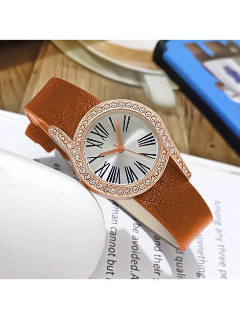 SHEIN Ladies' Elegant And Fashionable Roman Numerals With Inlaid Rhinestones Watch Case And Leather Strap Quartz00