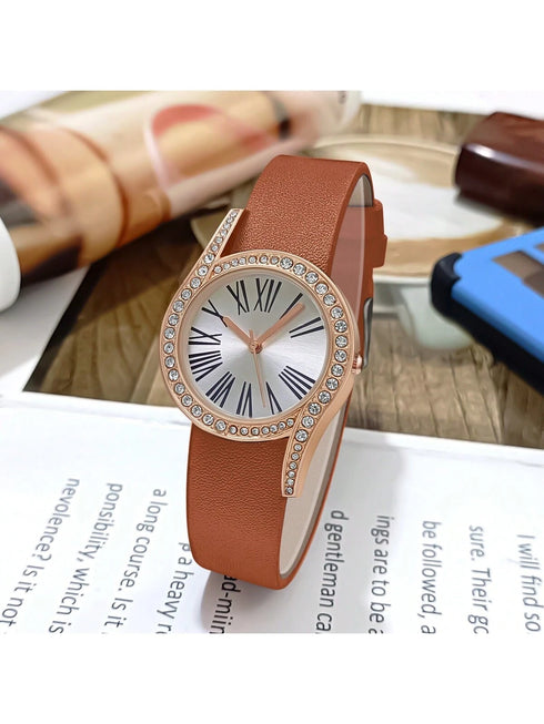 SHEIN Ladies' Elegant And Fashionable Roman Numerals With Inlaid Rhinestones Watch Case And Leather Strap Quartz0
