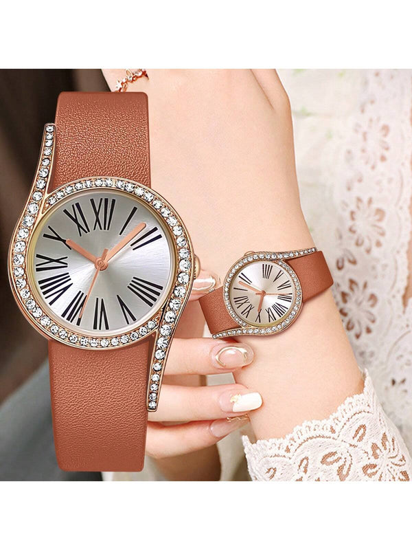 SHEIN Ladies' Elegant And Fashionable Roman Numerals With Inlaid Rhinestones Watch Case And Leather Strap Quartz