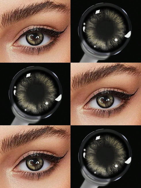 Collage of close-up images of eyes with contact lenses and a lens case.