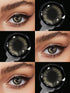 Collage of close-up images of eyes with contact lenses and a lens case.