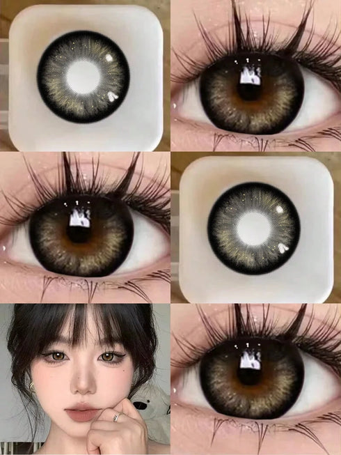 Collage of contact lens close-ups and a person wearing them.