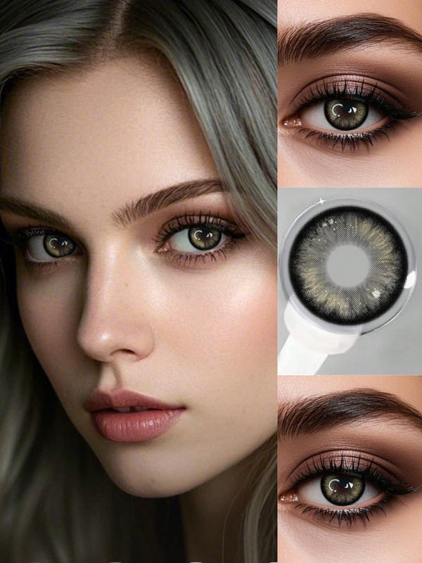 Collage of a woman's face, close-up of eyes, contact lens, and close-up of another eye.