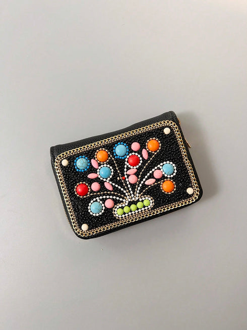 SHEIN Large Capacity Multifunction Card Holder Wallet Bohemian Style Designs Include Money Tree Eye Peacock Leaves