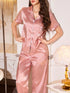 SHEIN LuxeNights Silk-Like Striped Jacquard Chest Pocket Heart Embroidered Collar Short Sleeve Pajama Set