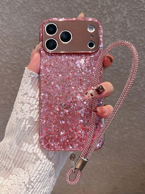 SHEIN Luxury Glitter Rose Gold Phone Case + Wrist Strap With Rhinestone Decor, Compatible1