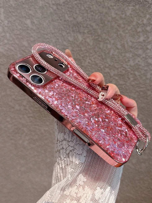 SHEIN Luxury Glitter Rose Gold Phone Case + Wrist Strap With Rhinestone Decor, Compatible