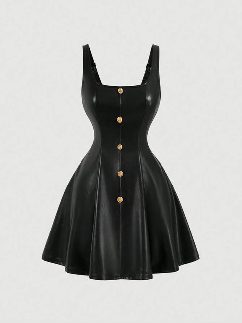 SHEIN MOD Black PU Front Metal Buckle Women Slip Dress