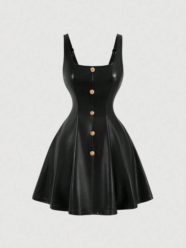 SHEIN MOD Black PU Front Metal Buckle Women Slip Dress