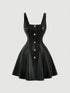 SHEIN MOD Black PU Front Metal Buckle Women Slip Dress