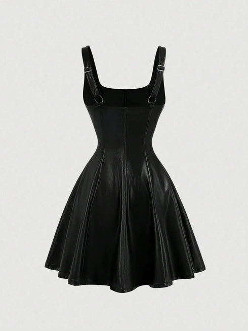 SHEIN MOD Black PU Front Metal Buckle Women Slip Dress