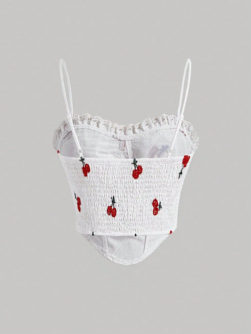 SHEIN MOD Cherry Print Frill Trim Ruched Bustier Cami Top