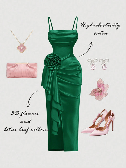 SHEIN MOD Emerald Green Summer Elegant Day Party Dreamy 3D Floral High-Slit Satin Dress,Draped Neckline Ruffle Details, Vintage Court Style For Women