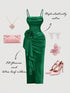 SHEIN MOD Emerald Green Summer Elegant Day Party Dreamy 3D Floral High-Slit Satin Dress,Draped Neckline Ruffle Details, Vintage Court Style For Women