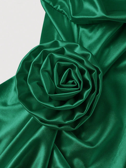 SHEIN MOD Emerald Green Summer Elegant Day Party Dreamy 3D Floral High-Slit Satin Dress,Draped Neckline Ruffle Details, Vintage Court Style For Women
