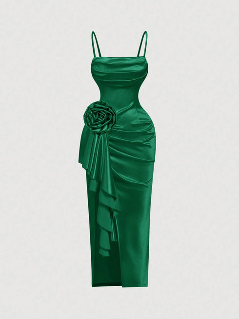 SHEIN MOD Emerald Green Summer Elegant Day Party Dreamy 3D Floral High-Slit Satin Dress,Draped Neckline Ruffle Details, Vintage Court Style For Women