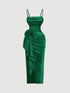 SHEIN MOD Emerald Green Summer Elegant Day Party Dreamy 3D Floral High-Slit Satin Dress,Draped Neckline Ruffle Details, Vintage Court Style For Women