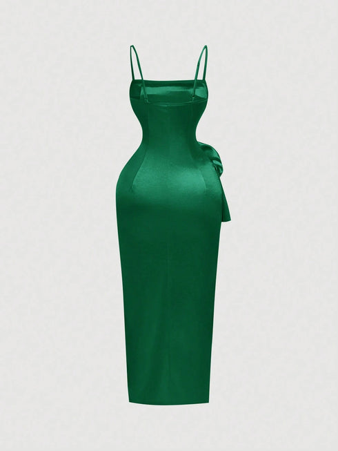 SHEIN MOD Emerald Green Summer Elegant Day Party Dreamy 3D Floral High-Slit Satin Dress,Draped Neckline Ruffle Details, Vintage Court Style For Women