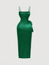 SHEIN MOD Emerald Green Summer Elegant Day Party Dreamy 3D Floral High-Slit Satin Dress,Draped Neckline Ruffle Details, Vintage Court Style For Women