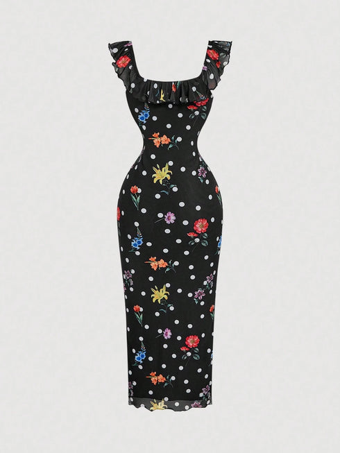 SHEIN MOD Floral & Polka Dot Pattern Midi Dress For Women, Polka Dot Dress, , Spring/Summer, Romantic0