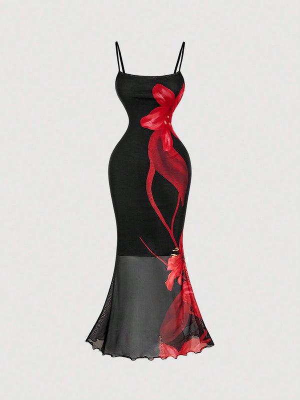 SHEIN MOD Floral Print Spaghetti Strap Fishtail Elegant Dress