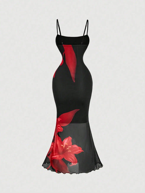 SHEIN MOD Floral Print Spaghetti Strap Fishtail Elegant Dress